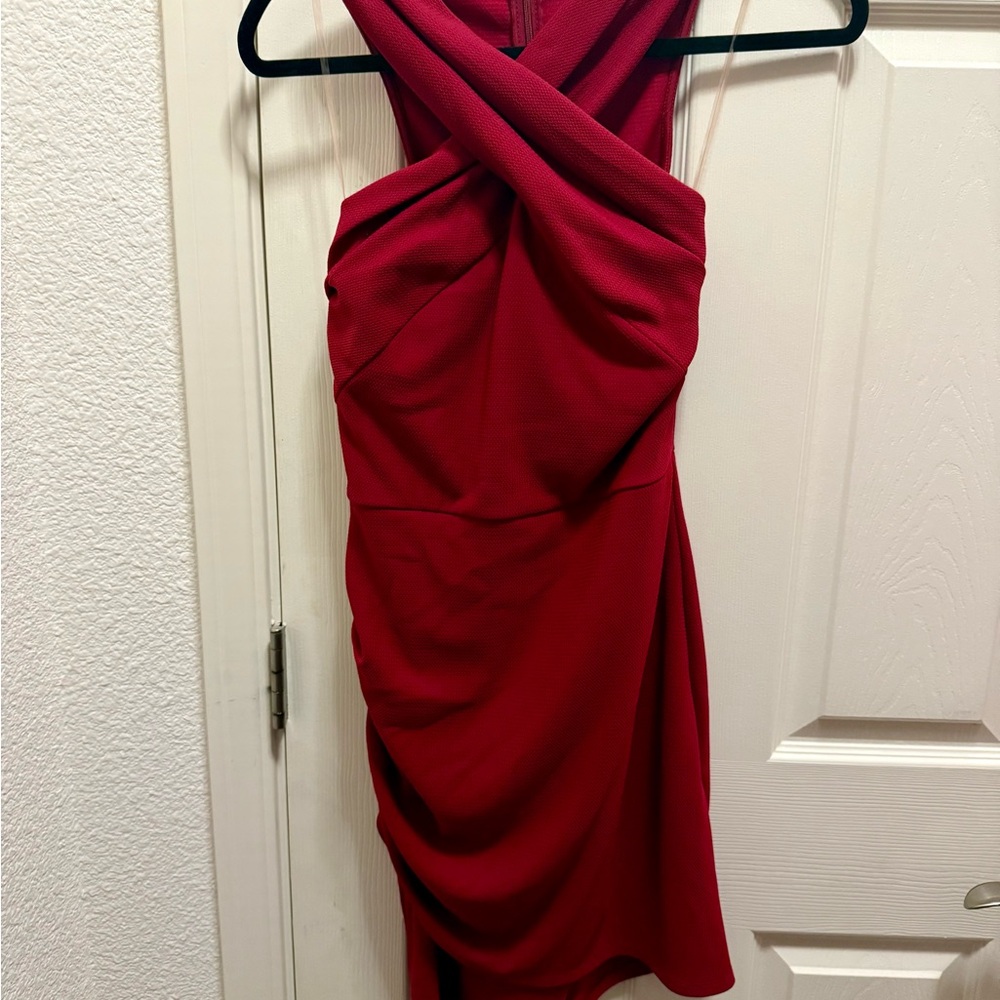 Windsor Red Asymmetrical Ruched Halter Dress